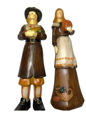 Autumn Pilgrim Couple Figurine Set - Brown and Cream Holiday Decor